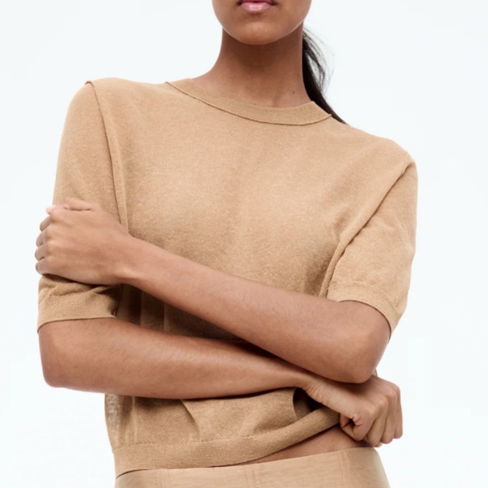 H&M Edition Sheer Knit Top Tan Quiet Luxury Minimalist Neutral Linen Size M